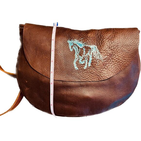 Leather crossbody handbag with painted floral cowboy boot in teal and silver. - Picture 4 of 7